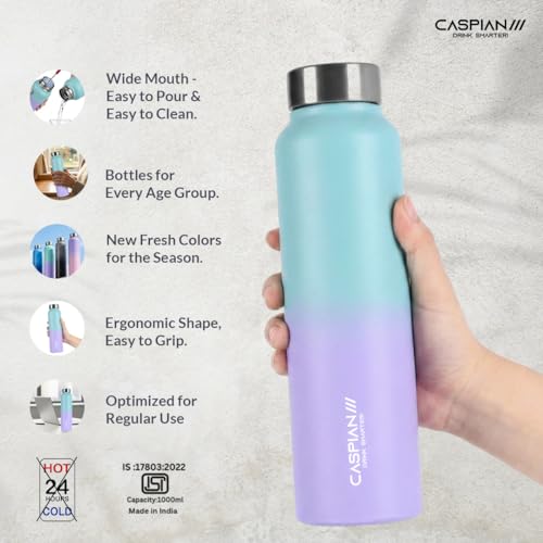 Image of CASPIAN / / / Astra ISI Certified Stainless Steel Water Bottle 1ltr.(Purple & Green, 1 Litre) | Leak Proof Thunder for Fridge Home Office Travel School Kids Boys Girls Adults Sports Gym Gift |BPA Free