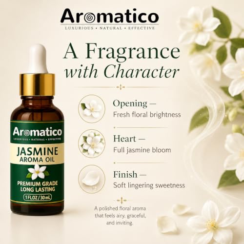 Image of AROMATICO Jasmine Diffuser Oil for Long-Lasting - Natural Home Fragrance Oil for Aromatherapy, Meditation & Concentration | Versatile Use in Diffusers, Air Fresheners 30ml
