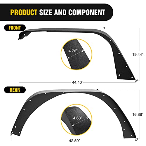 Image of Nilight Off-Road Fender Flares Kit Compatible with 2018 2019 2020 2021 2022 2023 2024 2025 Wrangler JL & JLU 2 /4 Doors Heavy-Duty Solid Steel Black Textured Front Rear Flat-4pcs