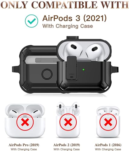 Image of Olytop for Airpods 3rd Gen Case with Lock 2021, Rugged Apple Airpods 3rd Generation Case Men Women, Armor Shockproof iPod 3rd Gen Case Protective Hard Shell with Carabiner&Cleaner kit, Black
