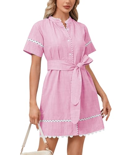 Image of Women's Summer Shirt Dress Short Sleeve Button Down Mini Tie Waist Belted Tunic with Pockets RIC Rac Trim