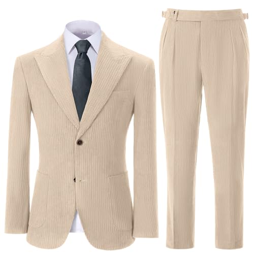 Mens Slim Fit Suits Corduroy Suit for Men 2 Piece Suit Jacket Blazer Pants Two Button Wedding Prom Tuxedo Suit
