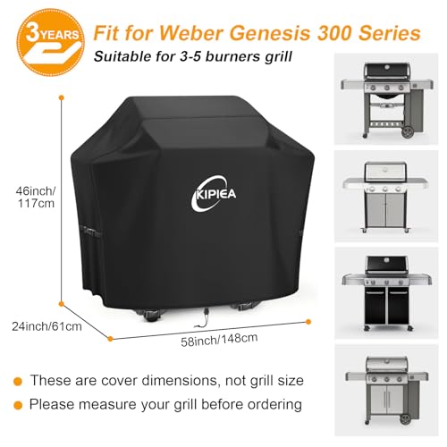 Image of Kipiea 600D Heavy Duty Gas Grill Cover for Weber Genesis 300 Series & New Genesis 300 Grills, 58-Inch Waterproof BBQ Cover with Windproof Buckles, UV Resistant, No Tear, No Fading