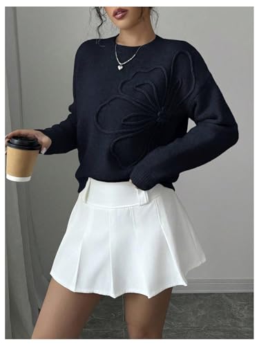 Image of RoseSeek Women's 3D Floral Appliques Crewneck Sweaters Long Sleeve Drop Shoulder Pullovers Elegant Knit Tops