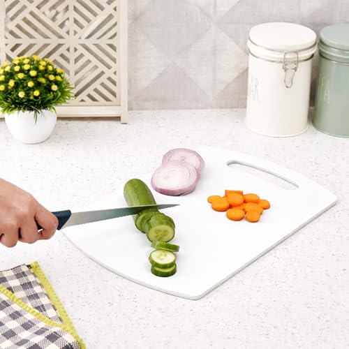 Image of SNKM - Chopping Cutting Board Plastic | with Handle | for Vegetables, Fruits, Meat, Fish, Cheese & Bread | Premium Food Grade, 100% BPA-Free, Dishwasher Safe | Medium, White, Set of 1