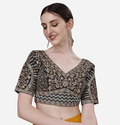 Image of Pujia Mills Mills Women's Fancy Readymade Heavy Coding Embroidary Worked Half Sleeve Multicolor Saree Blouse(Mushroom)