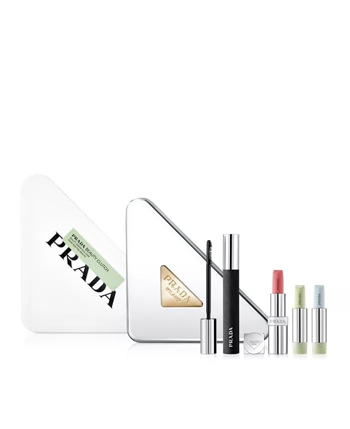 PRADA 4-Pc. Beauty Triangle-Shaped Metallic Clutch Makeup Set includes Clutch, Mascara, Lipstick and 2 balm
