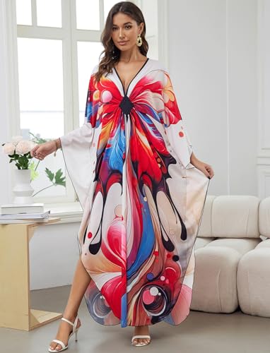 Image of KECVOT Kaftan Dresses for Women Plus Size Batwing Sleeve Caftans Long Bathing Suit Cover Up Maxi Beach Dress Loungewear