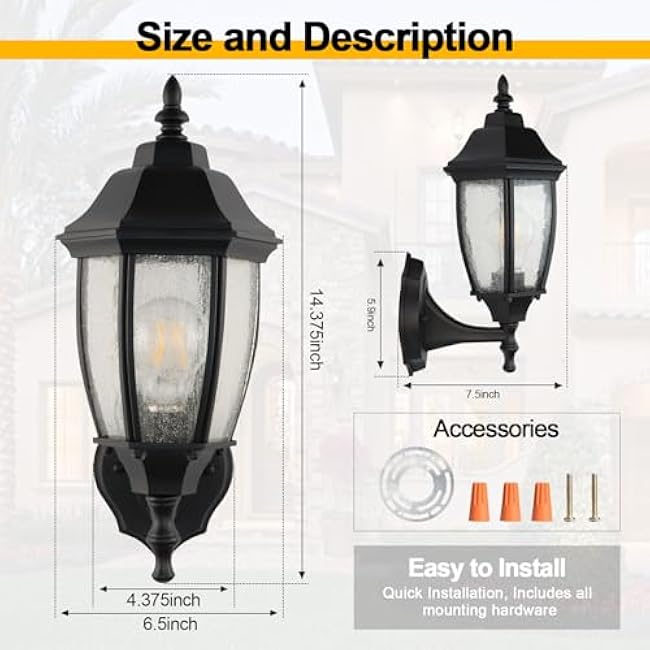 Outdoor Wall Lantern 14 Inch Porch Light Fixtures Seed Glass Shades Exterior Wall Lights E26 Base Max 40W