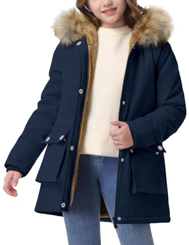 Girl's Fleece Quilted Jacket Warm Water-repellent Hood Coat Zipper Thicken Outerwear with Pockets (6-12Y)