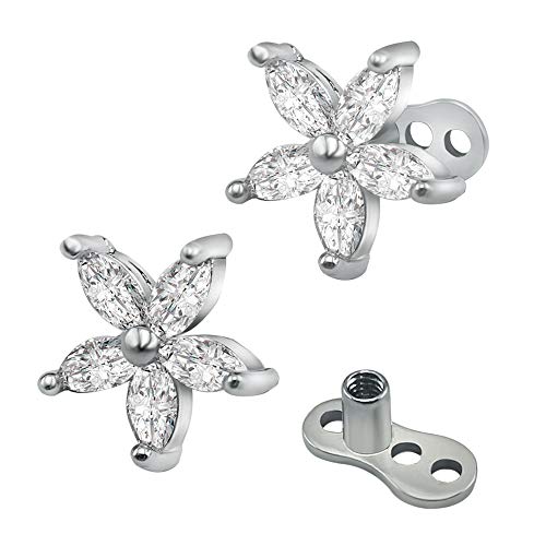 14g Flower Cubic Zirconia Dermal Anchor Tops and Base Surgical Steel Internally Threaded Screw Piercings (Clear)
