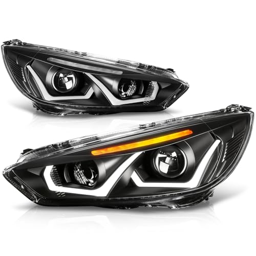 Auto Dynasty LED DRL Headlights Assembly Compatible with 2015-2018 Ford Focus Driver Passenger Side Dual DRL Halogen Headlamps Replacement w/Projector Low Beam Black Housing Clear Corner