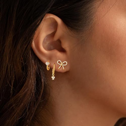 Image of Gold Earrings for Women, 14k Gold Plated Dangle Huggie Earrings for Women Trendy Dainty Gold Hoop Earring Stacks Hypoallergenic Pearl Chain Drop Cartilage Earring Fashion Womens Jewelry