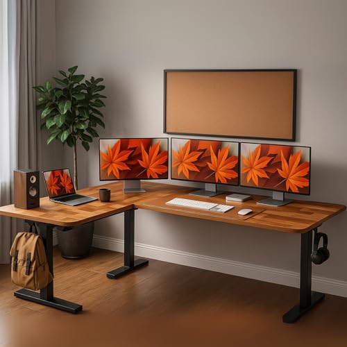 Image of TEKAVO HAD L Shaped Height Adjustable Solid Wood IWorkstation |Home & Office | L Shape Study Table with Spacious Desktop I DIY Assembly (Natural Wooden)
