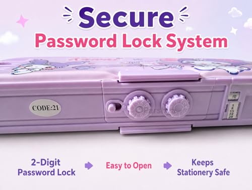Image of KiddieWorld Purple Multifunction Pencil Box for Girls with 2-Digit Password Lock, Built-in Sharpener & Calendar, Dual Sided Magnetic Geometry Compass Box with Pop-up Buttons, School Gift