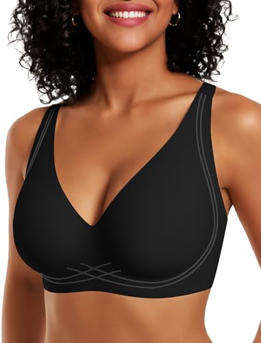 OEAK Womens Comfortable Deep V Bras Wireless Push Up Seamless Full Coverage Bralettes Supportive Bra Raceback Tshirt Bras Black,2XL