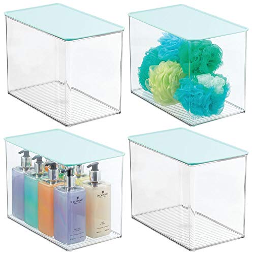 mDesign Tall Plastic Stackable Storage Container Bin Box, Hinged Lid - Bathroom Cabinet Organizer for Toiletries, Makeup, First Aid, Hair Accessories, Soap, Loofahs, Bath Salts, 4 Pack - Clear/Mint
