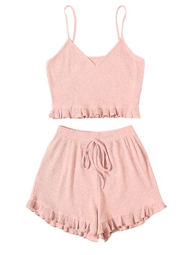 Image of Avanova Women Sexy 2 Piece Pajama Set Ruffle Trim Cami Top and Shorts Sleepwear Set