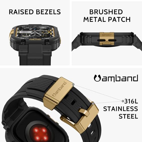 Image of amBand for Apple Watch Series 11 /10 42mm Bands Case for Men, M1 Sport Rugged Heavy Duty Bumper Protector Tactical Strap Military Protective Cover for iWatch Workout Accessory 42 mm - Black Gold