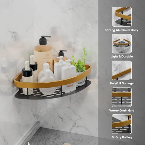 Image of MIORAH Self Adhesive Bathroom Corner Shelf, Rustproof Powder Coated Aluminium Organizer, No Drill Wall Mounted Storage Gold Pack of 1