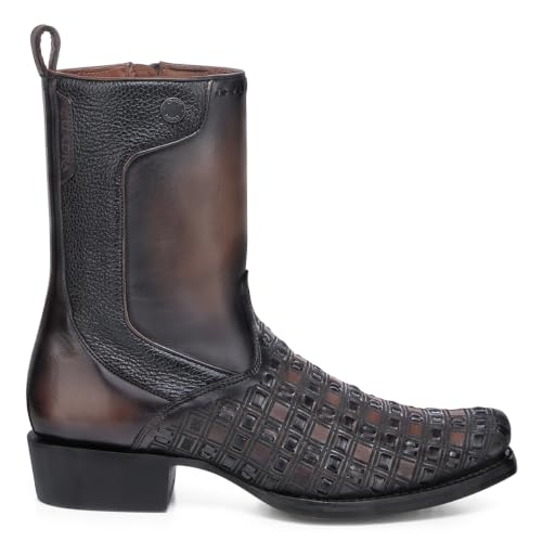 Image of Cuadra Men's Bovine Leather Woven Boot Brown Side Zip