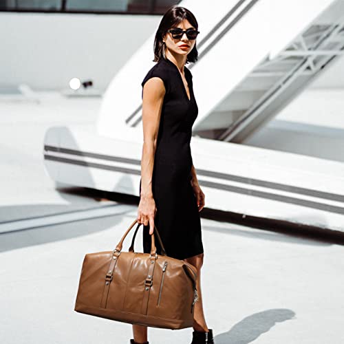 Image of S-ZONE Women Travel Duffel Weekender Carryon Shoulder Tote Bag Canvas PU Leather, C-Genuine Leather Brown, Large