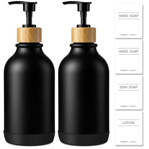 Image of KASUNTING Hand Soap Dispenser Bathroom with Anti-Slip Silicone Boot, Black Dish Soap Dispenser for Kitchen, 2 Pack 17 Fl Oz Plastic Hand and Dish Soap Dispensers Set with Bamboo Pump