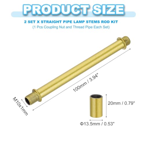 Image of PATIKIL Straight Pipe Lamp Stems Rod Kit, 2 Set M10 Carbon Steel 100mm(3.94 inch) Long Double End Thread Rod with Coupling Nuts Sleeve Connector for Table Lamps Chandeliers,Sand Gold
