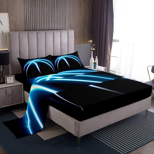 Erosebridal Basketball Bed Sheets for Boy Young Man Sports Game Theme Fitted Sheet Blue Lines Stripes Neon Lines Sheet Set Basketball Court Player Top Sheet Black 3Pcs with 1 Pillowcase Twin Size