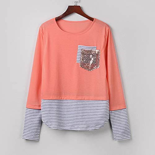 Women Long Sleeve Blouse Sequins Front Pocket T Shirts Lightweight Striped Pullover Casual Tunic Tops Pink