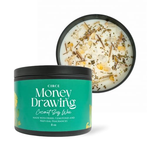 Circe Spell Candle Money Drawing Coconut Soy Wax Candle Jar Premium Hand Poured & Long Burning Herbs Crystal & Natural Fragrance Oils- Manifest Wealth Abundance & Opportunity - Gift - 8oz