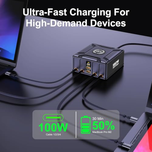 Image of WeFly 550W USB C Charging Station with 4 Retractable Cables GaN 7-Port Desktop Fast Charger Block for Mac /Book Laptop, 1Pad, 1Phone 17 /16 Pro Max, Galaxy S25 /S24 Ultra and More (BK-129D)