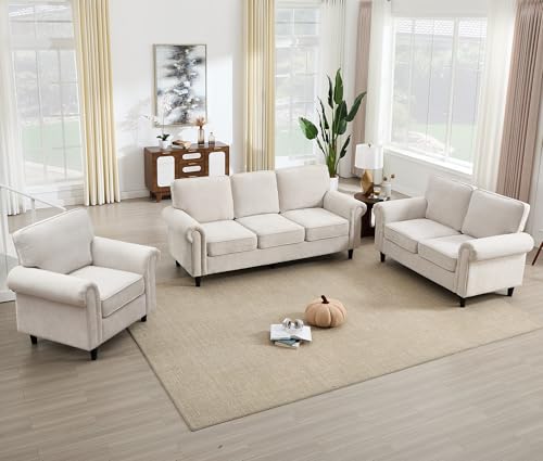 Image of Kingfun Loveseat 2&3 Seater Couch with Chair, Mid Century Modern Chenille Sofa Set with Rolled Arms and Deep Seats, Fluffy Comfort for Living Room, Apartment, Easy Assembly, Beige