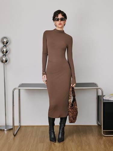 CIDER Long Sleeve Dress for Women High Neck Ribbed Knit Bodycon Ruched Midi Dress Cocktail Party Sweater Solid Dress4