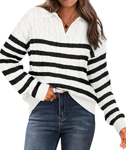 Image of WIHOLL Long Sleeve Sweaters for Women 2024 Fall Winter Outfits Fashion Polo V Neck Clothes Tops