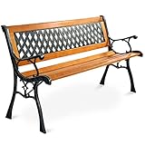 RELAX4LIFE Banc de Jardin à Latte en Bois de Pin et Pieds en Fer avec Dossier Ergonomique et Accoudoirs Incurvés pour Jardin, Parc, Cour, Pelouse, Charge Max 208 KG,126X52X74CM(Modèle 11)