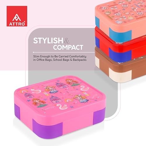 Image of ATTRO Admire Deluxe 3 Compartment Stainless Steel Lunch Box, BPA-Free Inner Steel, Lightweight & Durable, Easy Carry Tiffin for Kids,School & Travel-Princess Print Pink-800ml