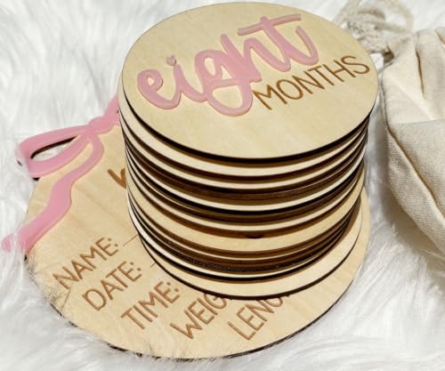 Image of Monthly Baby Milestone Cards for Girls - 13 Wooden 3D Milestone Discs with Hello World Birth Announcement Sign - Newborn Photo Props for Baby Girl