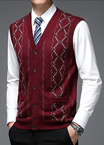 Mens Sleeveless Cardigan Argyle Vest V-Neck Wool Blend Stitching Sweater Vests Middle-Aged And Elderly Jacquard Waistcoat (Red,Large) #TOP3