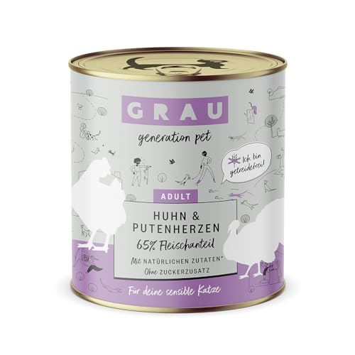 Grau - The Original - Comida húmeda para Gatos - Pollo y Corazones de Pavo, Pack de 1 (1 x 800g), sin Cereales, para Gatos Adultos