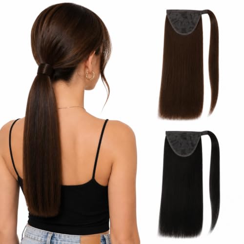 Full Shine Dark Brown & Jet Black Human Hair Ponytail Bundle image 5
