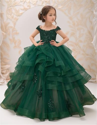 Off Shoulder Flower Girl Dress Sparkly Lace Appliques Puffy Tulle Pageant Dress for Girls Toddler Ball Gowns3