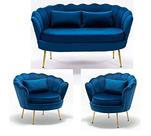 Image of Living Room Vintage Velvet Fabric Tub Armchairs with Metal Leg Armrests Lounge Comfortable Royal & Luxury (Blue, 2+1+1)