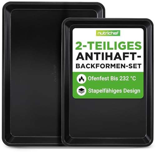 NutriChef Backblech, Ofenblech, Backofenblech- 2-teiliges Set, 40x29cm & 34x24cm Baking Tray, Antihaftbeschichtete Ofenbleche für Backofen aus Karbonstahl, Stapelbar & Leicht zu reinigen, Schwarz