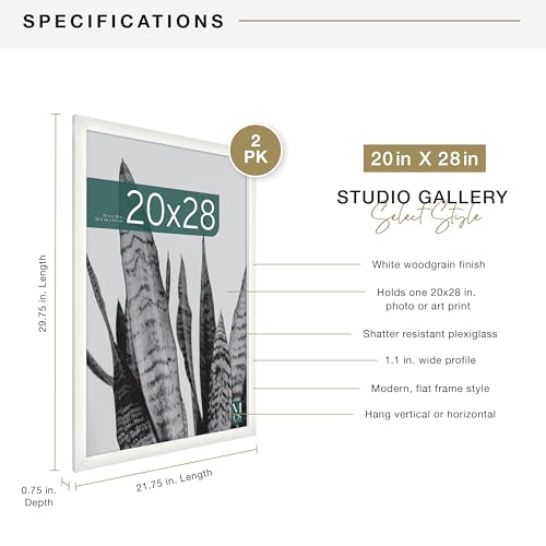 MCS Studio Gallery 20x28 Poster Frame White Woodgrain, Vertical & Horizontal Wall Hanging Large Picture Frame for Photos, Posters & Art Prints (2-Pack)