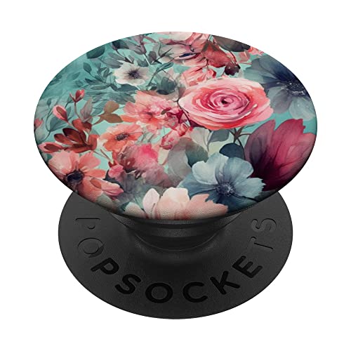 Romantic Pink Teal Watercolor Chic Floral Pattern PopSockets Adhesive PopGrip, Black