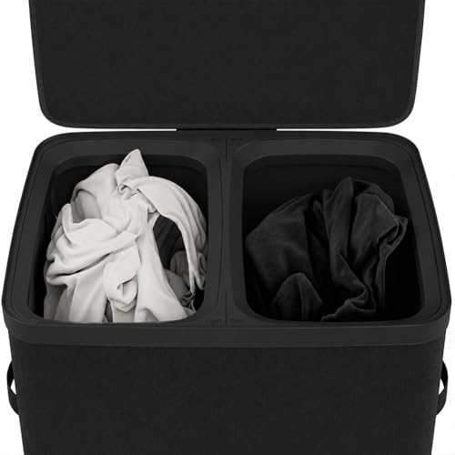 Panier à linge sale 2 compartiments noir double bac polyester - 7