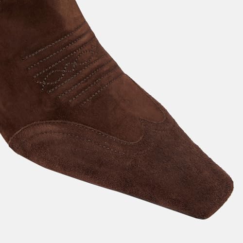 DOEYG Brown Suede Cowboy Boots for Women Pointed Toe Knee High Tall Boots Pull on Wide Calf Western Boots Fashion Dressy Comfortable Long Boots Size 74