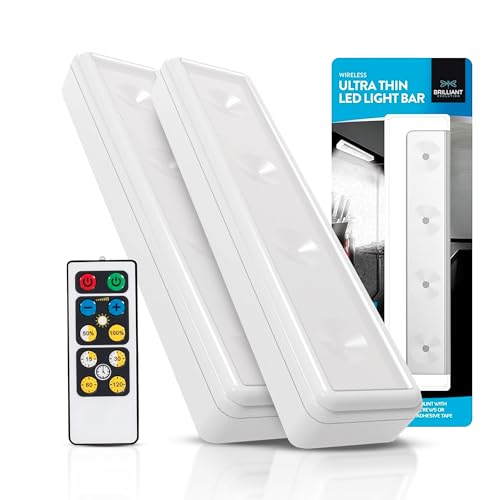 brilliant evolution stick on touch wireless lights with remote - battery-powered led under cabinet lighting for kitchen, closet, pantry - easy install and adjustable brightness - 80 lumens, pack of 2