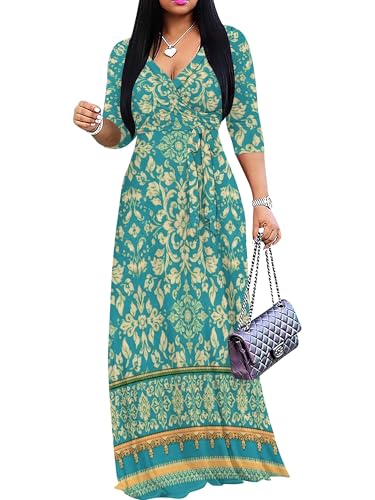 Image of Women's V Neck Floral Maxi Dress 3 /4 Sleeve Plus Size Boho Wrap Flowy Long Dresses with Belt